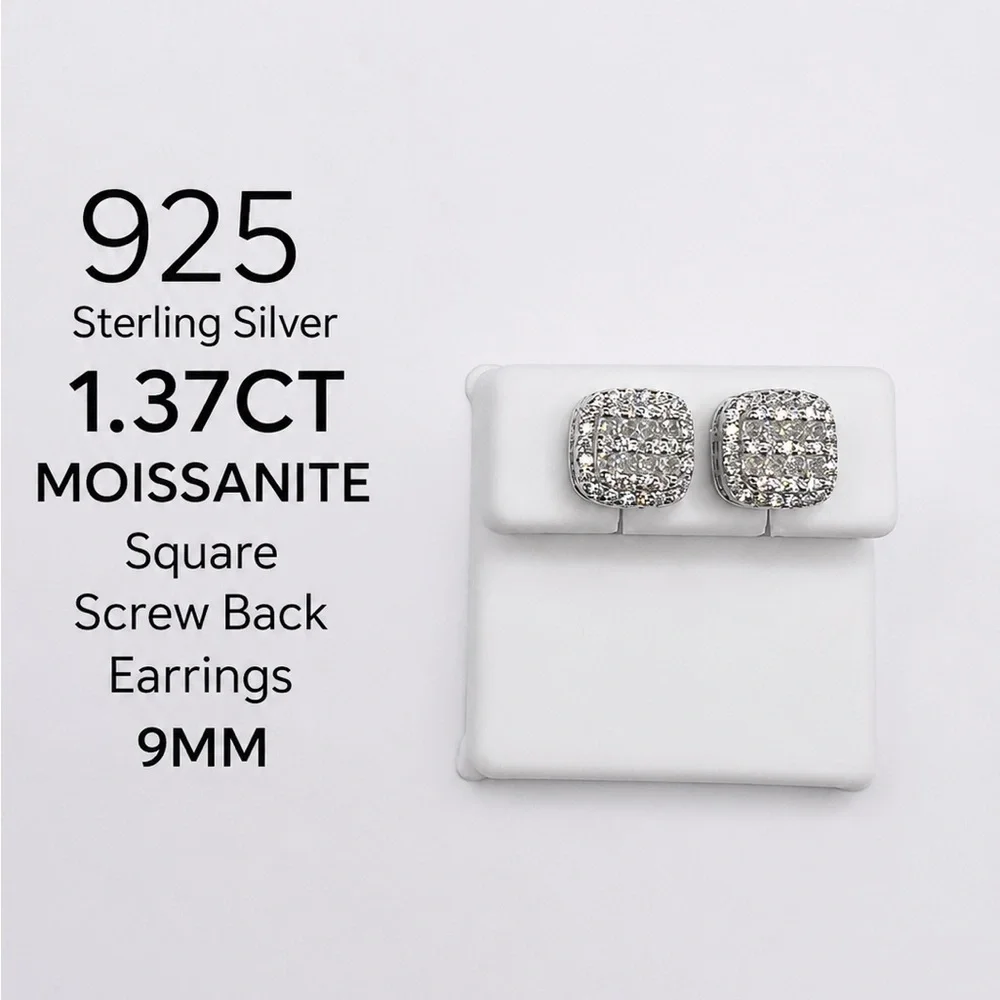 925 Sterling Silver 1.37CT MOISSANITE Pave Square Stud Earrings Screw Back